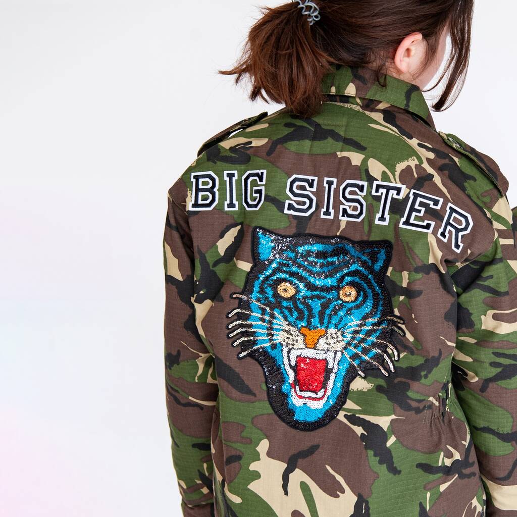 Blue Sequin Tiger Personalised Kids Camo Jacket, 1 of 8