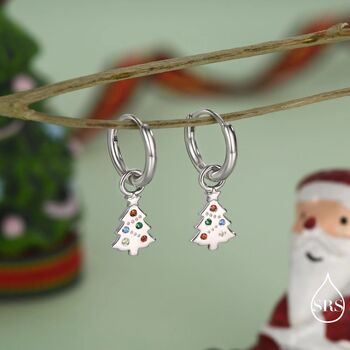 Dainty Christmas Tree Charm Hoop Earrings In Sterling Silver, 5 of 10