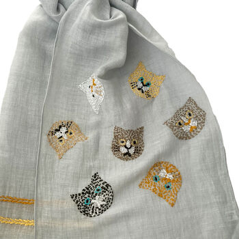Hand Embroidered 100% Linen Scarf With Cat Face Design, 3 of 6