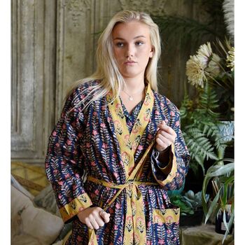 Block Printed Navy Blue, Mustard And Pink Lily Cotton Dressing Gown, 2 of 8