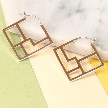 Square Art Deco Geometric Silver Hoop Earrings, 5 of 8