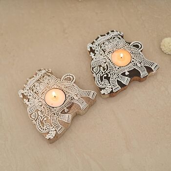 Elephant Wooden Tea Light Candle Holder Set Of Two, 2 of 3