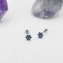 Sterling Silver Tiny Sapphire Blue Cz Flower Internally Threaded Flat Back Earrings, thumbnail 3 of 10