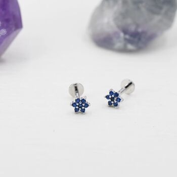 Sterling Silver Tiny Sapphire Blue Cz Flower Internally Threaded Flat Back Earrings, 3 of 10