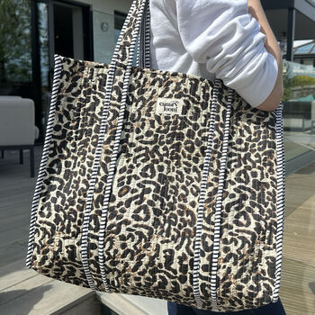 Tote Bag Cotton Leopard Print Quilted Beach Bag, 6 of 6