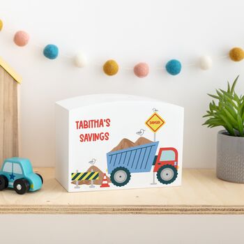 Personalised Tipper Truck Construction Wooden Money Pot, 3 of 7