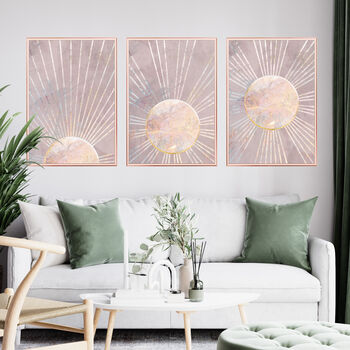 Set Of Three Boho Sun Pink Gold Wall Art Prints, 3 of 5