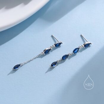 Asymmetric Sapphire Blue Cz Dangle Drop Stud Earrings, 8 of 12
