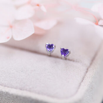 Sterling Silver Extra Tiny Genuine Amethyst Heart Stud Earrings, 7 of 12