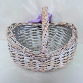 White Flower Girl Basket With Personalised Ribbon, 2 of 5