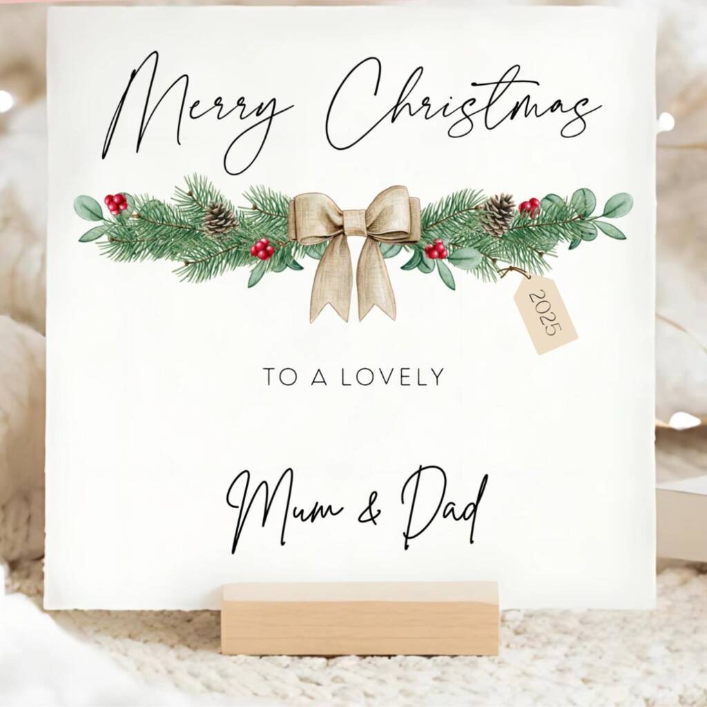 Mum And Dad Personalised Wreath Christmas Card