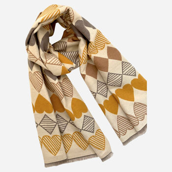 Love Heart Winter Scarf In Mustard Yellow And Greys, 2 of 6