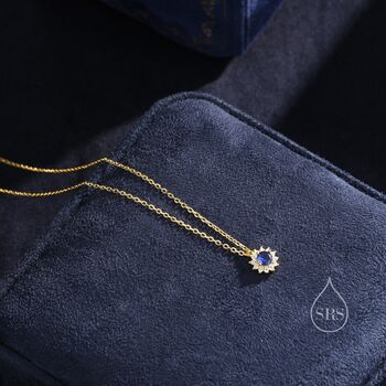 Sapphire Blue Cz Halo Flower Pendant Necklace, 7 of 12