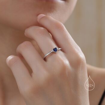 Sterling Silver Very Tiny Sapphire Blue Cz Heart Ring, 3 of 12