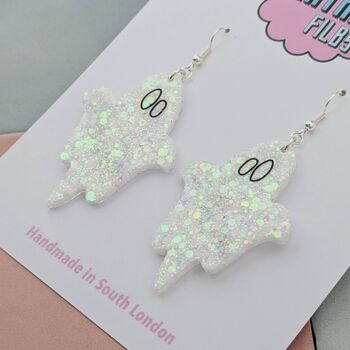 White Glitter Ghost Resin Halloween Earrings, 4 of 4