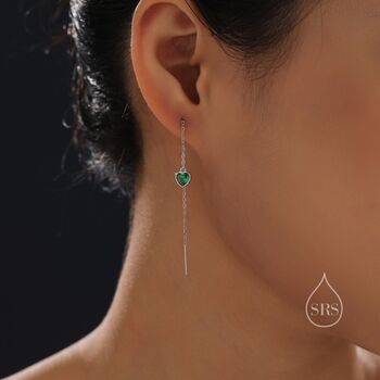 Tiny Emerald Green Cz Heart Threader Earrings, 5 of 10