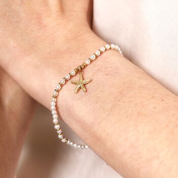 Stainless Steel Beaded Pearl Starfish Charm Bracelet In Gold, 2 of 4
