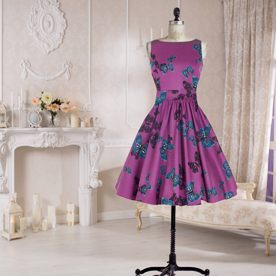 Purple Butterfly Tea Dress By Lady Vintage