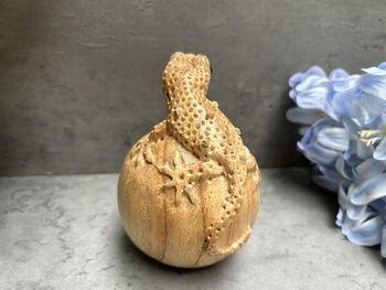 Hand Carved Wooden Gecko On Egg Ornament Figurine Gift, 2 of 12