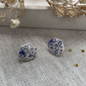 Blue Floral Ceramic Hexagon Earrings Vintage Blue, 4 of 11