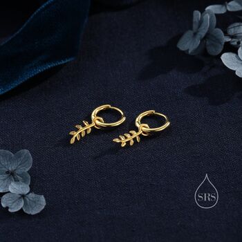 Delicate Leaf Charm Huggie Hoop Earrings, 3 of 10