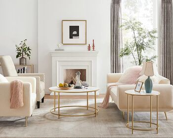 Round Side Table With Wooden Top And Golden Steel Frame, 3 of 8