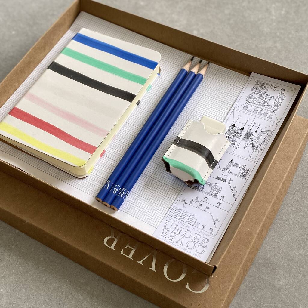 Handpainted Leather Pocket Notebook, Rubber And Pencils By Undercover