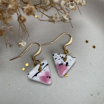 Ceramic Triangle Earrings Pink White And Black Speckled Dangle Earrings With Gold Hooks, 6 of 11