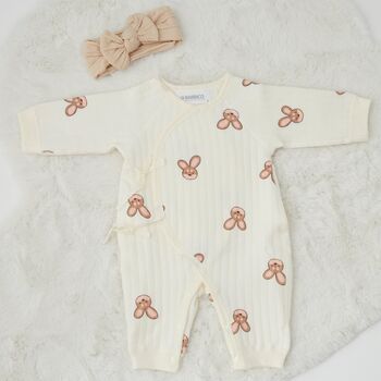 Bunny Print Ribbed Boucle Wrap Baby Romper, 4 of 5