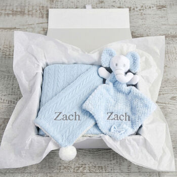 Personalised Blue Sherpa Blanket Elephant Comforter Set, 7 of 9