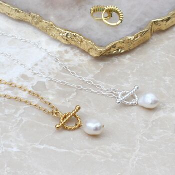 Gold Plated Or Silver Lariat T Bar Necklace With Pearl, 3 of 4