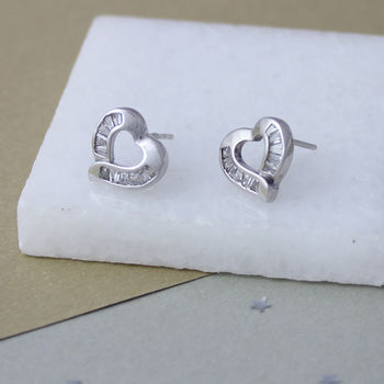 Sterling Silver Pave Heart Stud Earrings, 2 of 5