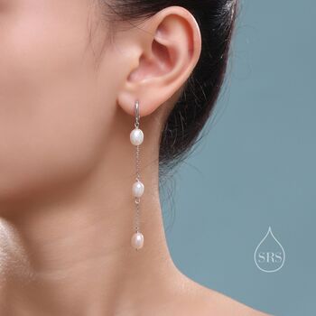 Sterling Silver Natural Oval Pearl Trio Long Dangle Huggie Hoop Earrings, 6 of 11