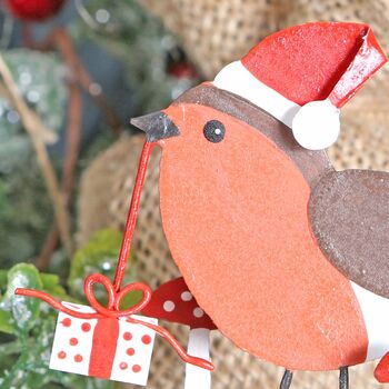 Robin With Gift On Block Christmas Decoration, 2 of 3