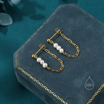 Sterling Silver Genuine Irregular Shape Pearl And Chain Earrings, 2 of 12