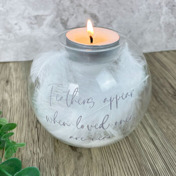 Personalised 'Feathers Appear' Feather Filled Glass Memorial Tea Light Holder, 3 of 6