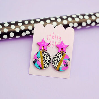 Pink Star Earrings With An Animal Print Abstract Drop, 8 of 12