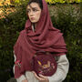 Mushroom Embroidered Burgundy Pashmina Scarf, thumbnail 3 of 5