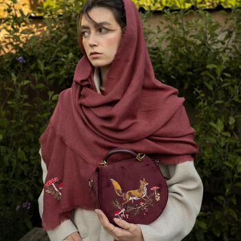 Mushroom Embroidered Burgundy Pashmina Scarf, 3 of 5