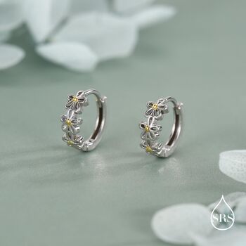 Sterling Silver Two Tone Daisy Huggie Hoop Earrings, 4 of 11