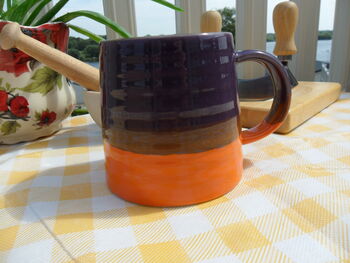 Set Of Four Reactive Glaze Brûlée Mugs In Purple And Orange, 7 of 8