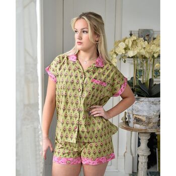 Block Printed Green And Pink Floral Cotton Short Pyjama Set, 2 of 5