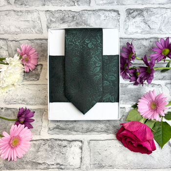 Dark Green Woodland Leaves Wedding Tie Set, 6 of 6