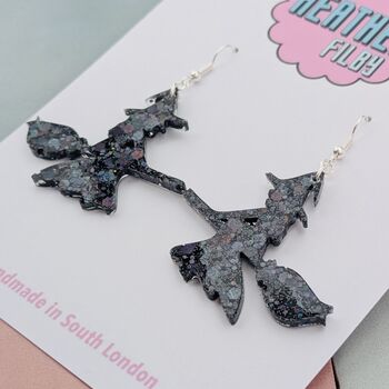 Black Glitter Witch On A Broom Halloween Resin Earrings, 4 of 4