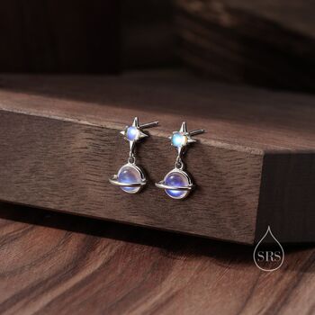 Tiny Moonstone Planet With Starburst Stud Earrings, 2 of 10