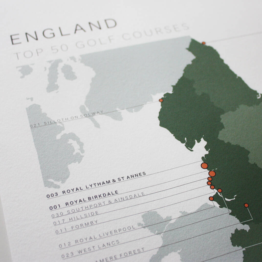 England Golf Map And Checklist Top 50 Courses Green By Replay Prints 