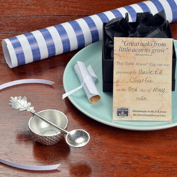 Pewter Acorn Christening Egg Cup Spoon Gift Set, 2 of 11