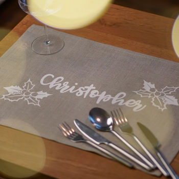 Personalised Linen Christmas Holly Placemat, 2 of 3