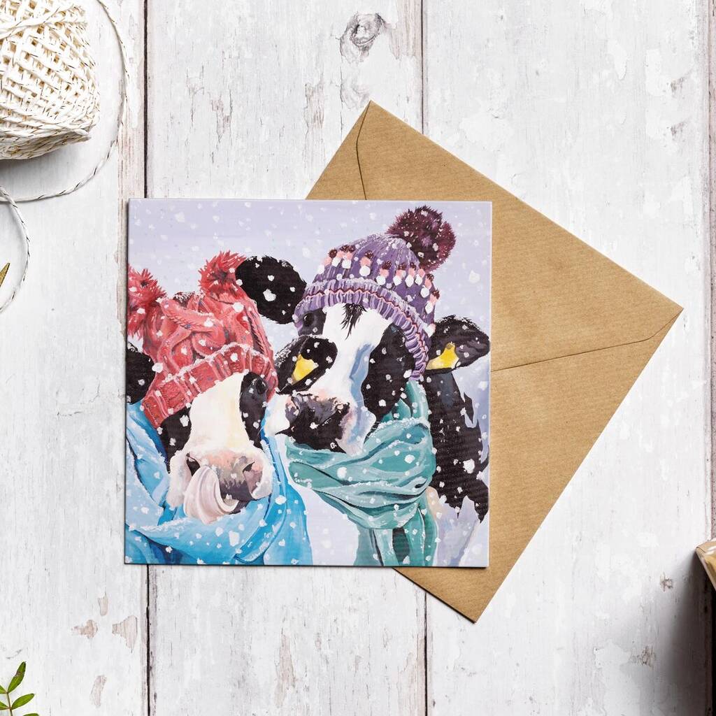 Cows In Woolly Hats Christmas Card, 1 of 2