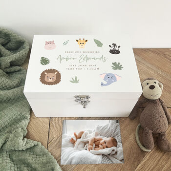 Personalised Jungle Animals New Baby White Keepsake Box Three Sizes, 2 of 7